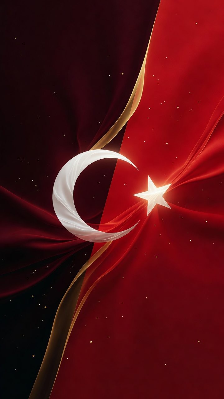 Dikey kırmızı, bordo ve altın tonlu soyut ay-yıldız kampanya arka planı
